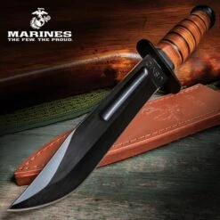 USMC Combat Fighter Knife - Fixed Blade With Leather Sheath