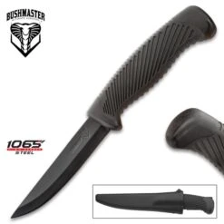 Bushmaster Black Carbon Steel Utility Knife - 1065 Carbon Steel Blade, Rubberized Handle, ABS Self-Draining Sheath