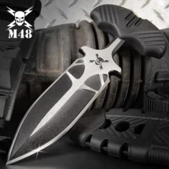 M48 Fang I Tactical Push Dagger And Sheath - Cast Stainless Steel Blade, Black Oxide Coating, TPR Handle - Length 7 3/8”