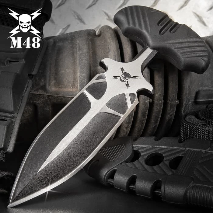 M48 Fang I Tactical Push Dagger And Sheath - Cast Stainless Steel Blade, Black Oxide Coating, TPR Handle - Length 7 3/8” 1 M48 Fang I Tactical Push Dagger And Sheath - Cast Stainless Steel Blade, Black Oxide Coating, TPR Handle - Length 7 3/8”