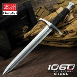 Honshu Crusader Quillon Dagger With Sheath - 1060 Carbon Steel Blade, Injection-Molded TPR Handle, Cast Steel Pommel - Length 18 5/8”