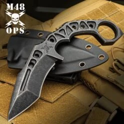 M48 OPS Tanker Combat Karambit With Sheath - 3Cr13 Stainless Steel Construction, Black Finish, Open-Ring Pommel - Length 9 1/8”