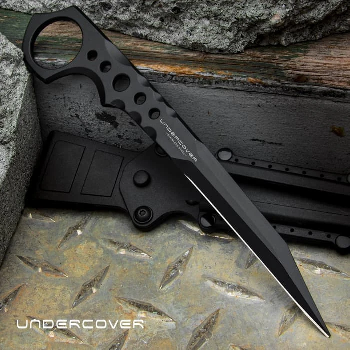 Undercover CIA Stinger II And Sheath - 3Cr13 Stainless Steel, CNC-Beveled Handle, Open-Ring Pommel - Length 7 1/4” 1 Undercover CIA Stinger II And Sheath - 3Cr13 Stainless Steel, CNC-Beveled Handle, Open-Ring Pommel - Length 7 1/4”
