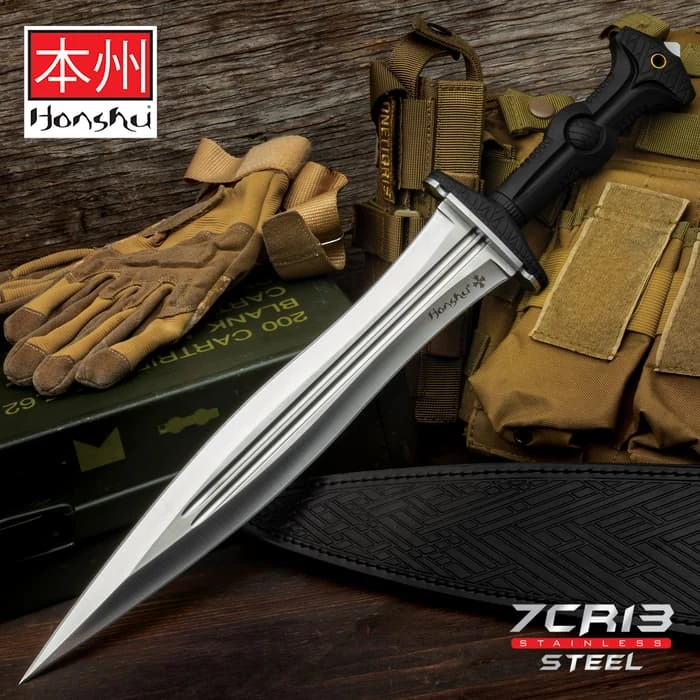 Honshu Legionary Dagger And Sheath - 7Cr13 Stainless Steel Blade, TPR Handle, Stainless Steel Guard - Length 19 5/8" 1 Honshu Legionary Dagger And Sheath - 7Cr13 Stainless Steel Blade, TPR Handle, Stainless Steel Guard - Length 19 5/8"
