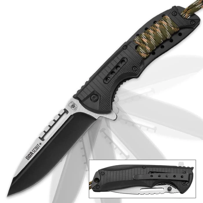 SOA Scout Assisted Opening Pocket Knife - Black With Camo Paracord Wrapping 1 SOA Scout Assisted Opening Pocket Knife - Black With Camo Paracord Wrapping