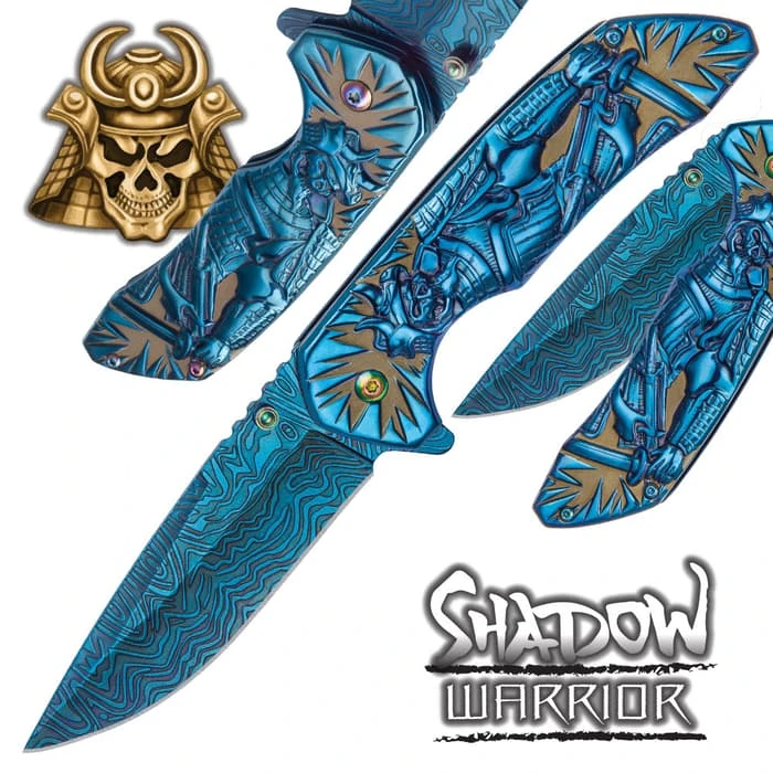 Shadow Warrior Assisted Opening Pocket Knife | DamascTec Steel Blade | Blue And Rainbow 1 Shadow Warrior Assisted Opening Pocket Knife | DamascTec Steel Blade | Blue And Rainbow