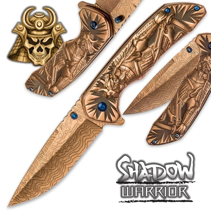Shadow Warrior Assisted Opening Pocket Knife | DamascTec Steel Blade | Gold And Blue 1 Shadow Warrior Assisted Opening Pocket Knife | DamascTec Steel Blade | Gold And Blue