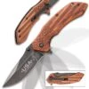 American Flag Pocket Knife - Stonewashed Black Stainless Steel Blade, Engraved Wooden Handle Scales, Pocket Clip