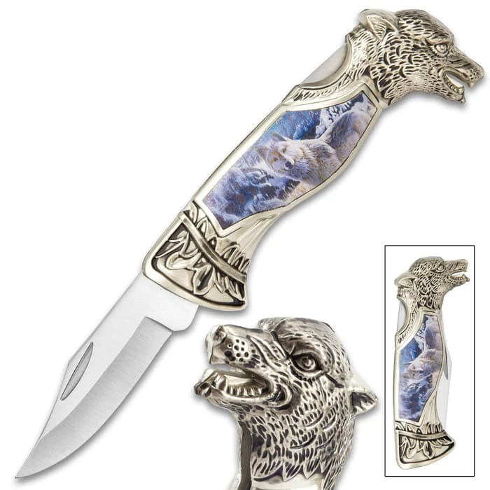 Winter Wolf Pocket Knife - 3Cr13 Stainless Steel, Sculpted Cast Metal And TPU Handle, Colorful Artwork, Liner Lock - Closed 5” 1 Winter Wolf Pocket Knife - 3Cr13 Stainless Steel, Sculpted Cast Metal And TPU Handle, Colorful Artwork, Liner Lock - Closed 5”