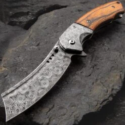Boot Hill Razor Pocket Knife - Damascus Pattern Steel Blade, Wooden Handle Scales, Assisted Opening, Damascus Bolsters, Pocket Clip
