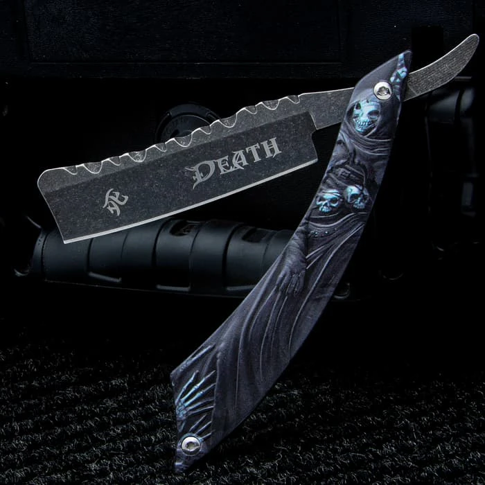 Grim Reaper Folding Razor Knife - 3Cr13 Stainless Steel Blade, Anodized Aluminum Handle, Filework - Length 9" 1 Grim Reaper Folding Razor Knife - 3Cr13 Stainless Steel Blade, Anodized Aluminum Handle, Filework - Length 9"