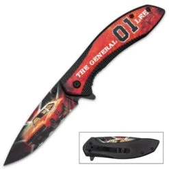Knife Series Shop 29 General Lee Pocket Knife - Printed Stainless Steel Blade, Aluminum Handle, Wooden Facing, Pocket Clip - Closed 4 1/2”