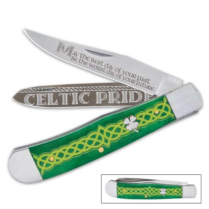 Celtic Trapper Pocket Knife - Stainless Steel Blades, Laser-Etched Art, Dyed Bone Handle Scales, Brass Pins 1 Celtic Trapper Pocket Knife - Stainless Steel Blades, Laser-Etched Art, Dyed Bone Handle Scales, Brass Pins