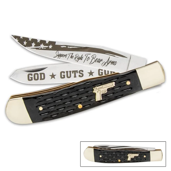 Second Amendment Trapper Pocket Knife - Stainless Steel Blades, Jigged Bone Handle, Nickel-Silver Bolsters - Closed 4” 1 Second Amendment Trapper Pocket Knife - Stainless Steel Blades, Jigged Bone Handle, Nickel-Silver Bolsters - Closed 4”