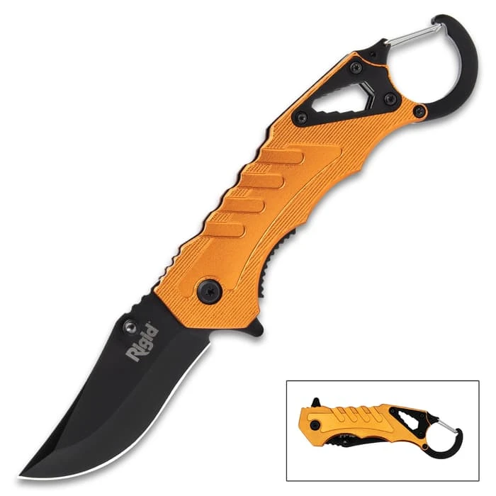 Rigid Multi-Function Knife With Carabiner Clip - 3Cr13 Stainless Steel Blade, Orange Aluminum Handle, Assisted Opening 1 Rigid Multi-Function Knife With Carabiner Clip - 3Cr13 Stainless Steel Blade, Orange Aluminum Handle, Assisted Opening