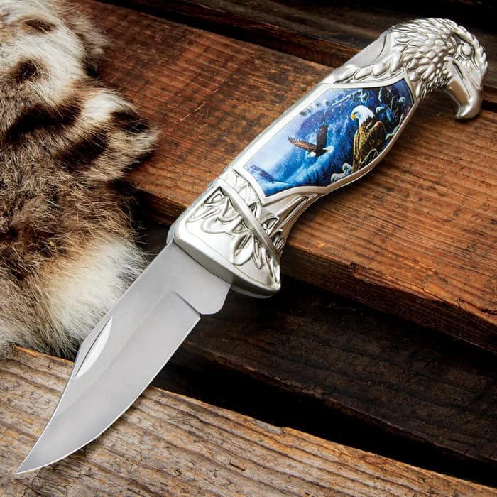 Winter Eagle Pocket Knife - 3Cr13 Stainless Steel Blade, Sculpted Cast Metal And TPU Handle, Eagle Artwork - Closed 5” 1 Winter Eagle Pocket Knife - 3Cr13 Stainless Steel Blade, Sculpted Cast Metal And TPU Handle, Eagle Artwork - Closed 5”