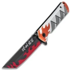Demon Slayer Pocket Knife - 3Cr13 Stainless Steel Blade, Aluminum Handle Scales, 3D-Printed Artwork - Closed 4 1/2”