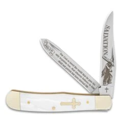 Salvation Pearl Trapper Pocket Knife - Stainless Steel Blades, Faux Pearl Handle Scales, Nickel Silver Bolsters - Closed 4โ