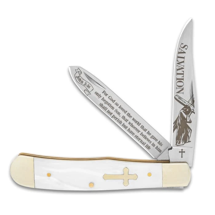 Salvation Pearl Trapper Pocket Knife - Stainless Steel Blades, Faux Pearl Handle Scales, Nickel Silver Bolsters - Closed 4” 1 Salvation Pearl Trapper Pocket Knife - Stainless Steel Blades, Faux Pearl Handle Scales, Nickel Silver Bolsters - Closed 4”