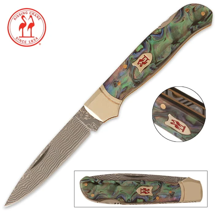 Kissing Crane Limited Edition Abalone Damascus Lockback Pocket Knife 1 Kissing Crane Limited Edition Abalone Damascus Lockback Pocket Knife