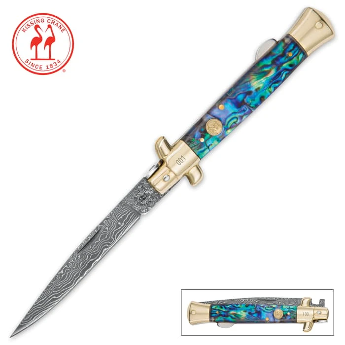 Kissing Crane Genuine Abalone Damascus Stiletto Knife 1 Kissing Crane Genuine Abalone Damascus Stiletto Knife