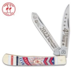 Kissing Crane 2022 Fourth Of July Trapper - Stainless Steel Blades, Faux Pearl Handle, Nickel Silver Bolsters, Brass Liners