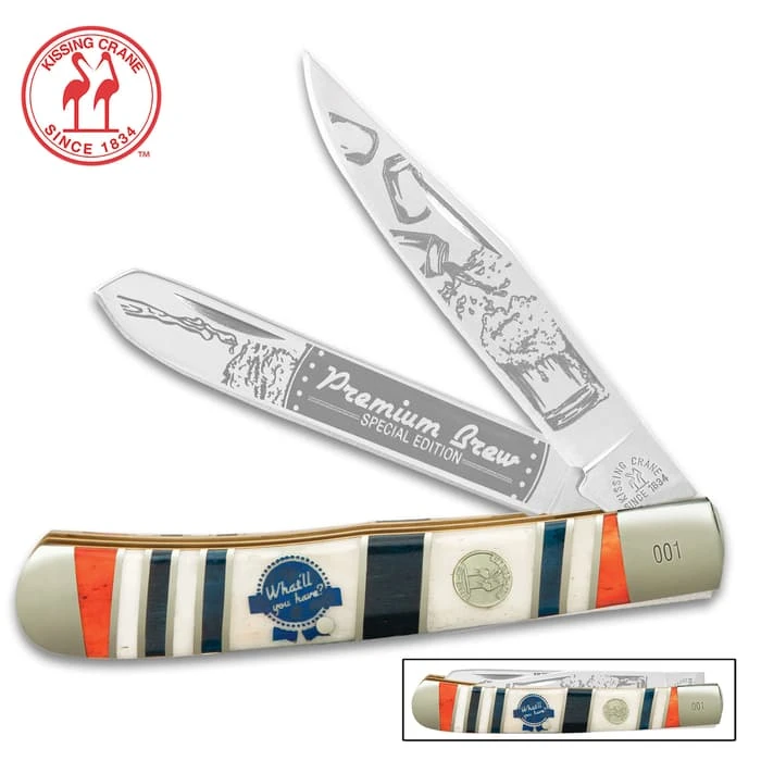 Kissing Crane Premium Brew Trapper Pocket Knife - Stainless Steel Blades, Bone Handle, Nickel Silver Bolsters, Brass Liners 1 Kissing Crane Premium Brew Trapper Pocket Knife - Stainless Steel Blades, Bone Handle, Nickel Silver Bolsters, Brass Liners