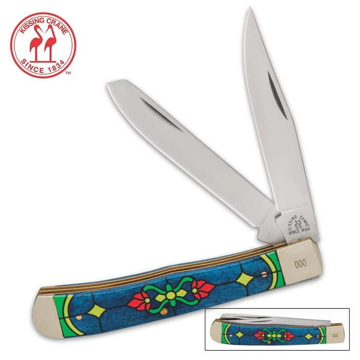 Kissing Crane Sapphire Stained Glass Trapper Knife - Stainless Steel Blades, Bone Handle Scales, Nickel Silver Bolsters 1 Kissing Crane Sapphire Stained Glass Trapper Knife - Stainless Steel Blades, Bone Handle Scales, Nickel Silver Bolsters