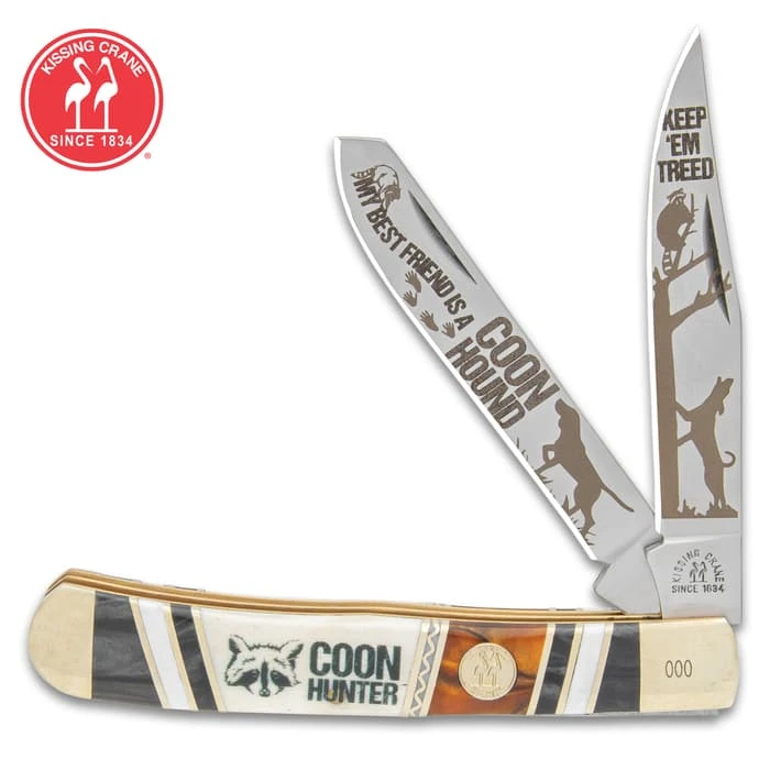 Kissing Crane Coon Hunter Trapper Pocket Knife - Stainless Steel Blades, Wood And Glass, Handle Scales, Nickel Silver Bolsters 1 Kissing Crane Coon Hunter Trapper Pocket Knife - Stainless Steel Blades, Wood And Glass, Handle Scales, Nickel Silver Bolsters
