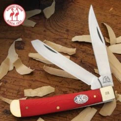 Kissing Crane Red American Series Trapper Knife - Stainless Steel Blades, G10 Handle Scales, Nickel Silver Bolsters