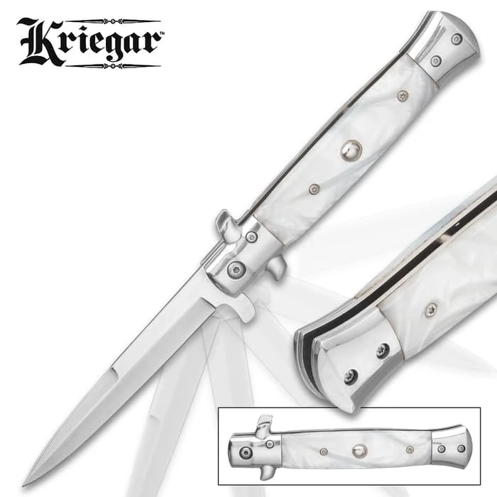 Kriegar German White Pearl Stiletto Knife - Stainless Steel Blade, Assisted Opening, Faux Pearl Handle, Stainless Bolsters And Pins 1 Kriegar German White Pearl Stiletto Knife - Stainless Steel Blade, Assisted Opening, Faux Pearl Handle, Stainless Bolsters And Pins