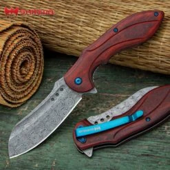 Shinwa Kikori Pocket Knife - Damascus Pattern Steel Blade, Wooden Handle Scales, Assisted Opening, Pocket Clip
