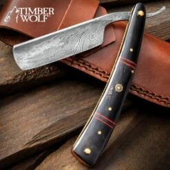 Timber Wolf Calcutta Folding Razor Knife And Sheath - Damascus Steel Blade, Bone Handle Scales, Brass Liners And Pins - Length 9 3/4”