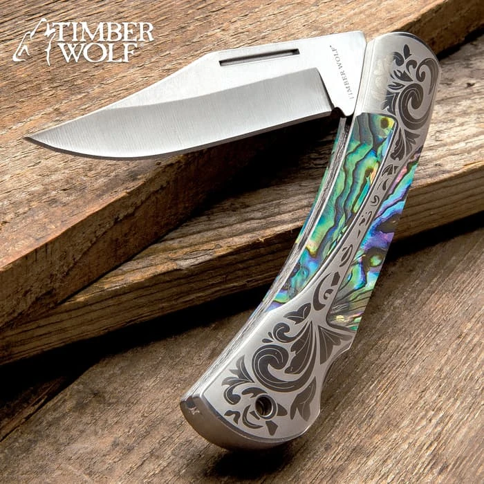 Timber Wolf Gentleman’s Abalone Pocket Knife - Lock Back, Stainless Steel Blade, Genuine Abalone Inlays, Nickel Silver Bolsters 1 Timber Wolf Gentleman’s Abalone Pocket Knife - Lock Back, Stainless Steel Blade, Genuine Abalone Inlays, Nickel Silver Bolsters