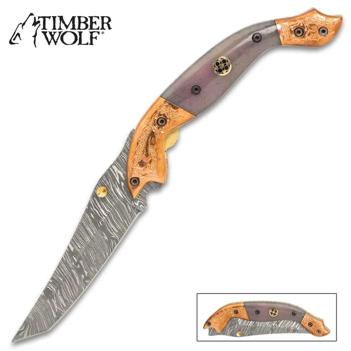 Timber Wolf Aspen Pocket Knife - Damascus Steel Blade, Bone Handle, Engraved Copper Bolsters, Fileworked Liners 1 Timber Wolf Aspen Pocket Knife - Damascus Steel Blade, Bone Handle, Engraved Copper Bolsters, Fileworked Liners