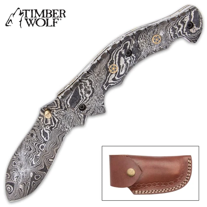 Timber Wolf Steam Pocket Knife - Damascus Steel Blade, Assisted Opening, Damascus Steel Handle, Brass Liners, Rosette Accents 1 Timber Wolf Steam Pocket Knife - Damascus Steel Blade, Assisted Opening, Damascus Steel Handle, Brass Liners, Rosette Accents