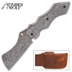Timber Wolf Knights Watch Pocket Knife And Sheath - Damascus Steel Blade, Damascus Steel Handle Scales, Brass Fileworked Liners