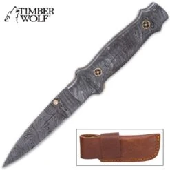 Timber Wolf Castle Guard Pocket Knife And Sheath - Damascus Steel Blade, Damascus Steel Handle Scales, Filework