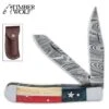 Timber Wolf Texas Trapper Knife And Sheath - Damascus Steel Blades, Wood And Bone Handle - Closed Length 4”