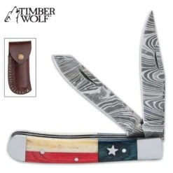 Timber Wolf Texas Trapper Knife And Sheath - Damascus Steel Blades, Wood And Bone Handle - Closed Length 4”