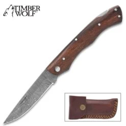 Timber Wolf Renegade Pocket Knife And Sheath - Damascus Stainless Steel Blade, Wooden Handle Scales, Fileworked Back