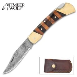 Timber Wolf Copperhead Pocket Knife And Sheath - Damascus Steel Blade, Wooden Handle, Brass Bolsters And Brass Pins