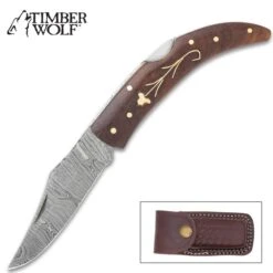 Timber Wolf Heidi Pocket Knife And Sheath - Damascus Steel Blade, Wooden Handle, Brass Flower Accent And Pins