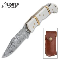 Timber Wolf Ivory Coast Pocket Knife - Damascus Steel Blade, Bone Handle Scales, Brass Fileworked Spacers - Closed 3 3/4"