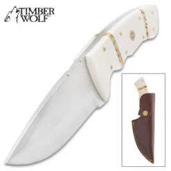 Timber Wolf Snow Leopard Knife And Sheath - Stainless Steel Blade, Resin Handle Scales, Brass Accents - Length 9"