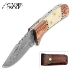 Timber Wolf Tombstone Pocket Knife And Sheath - Damascus Steel Blade, Wood And Bone Handle, Brass Filework Accents