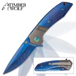 Knife Series Shop 23 Timber Wolf Celestia Assisted Opening Pocket Knife - DamascTec Steel With Titanium Blue Finish