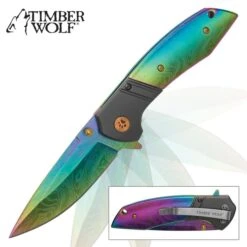 Knife Series Shop 35 Timber Wolf Aurora Assisted Opening Pocket Knife - DamascTec Steel With Titanium Rainbow Finish