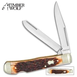 Timber Wolf Rustic Bone Trapper Pocket Knife - Stainless Steel Blades, Jigged Bone Handle, Double Lockback