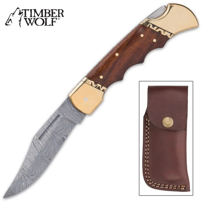 Timber Wolf Chief Executive Pocket Knife - Damascus Steel Blade, Wooden Handle Scales, Brass Bolsters, Fileworked Spine 1 Timber Wolf Chief Executive Pocket Knife - Damascus Steel Blade, Wooden Handle Scales, Brass Bolsters, Fileworked Spine